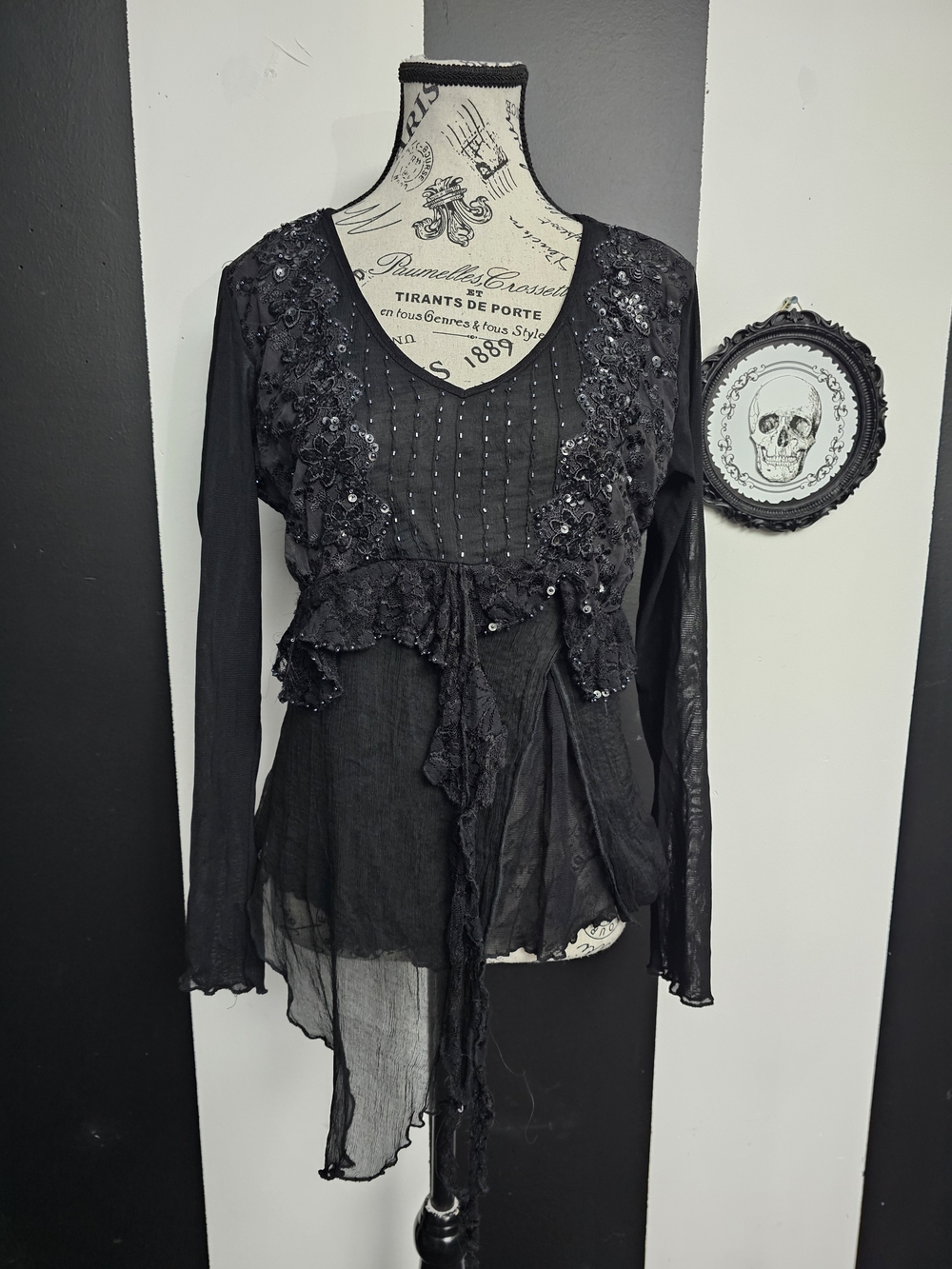 Magnolia Black Lace & Sequin Tie-Front Long Sleeve Blouse